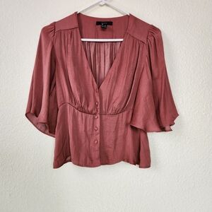 Forever 21 Flowy Bronze/Terracotta Blouse Size S Button Front Flutter Sleeve Y2K